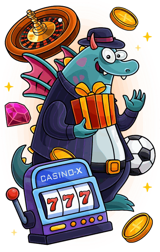 Маскот Casino X — дракон с подарком, рулеткой и слотом 777